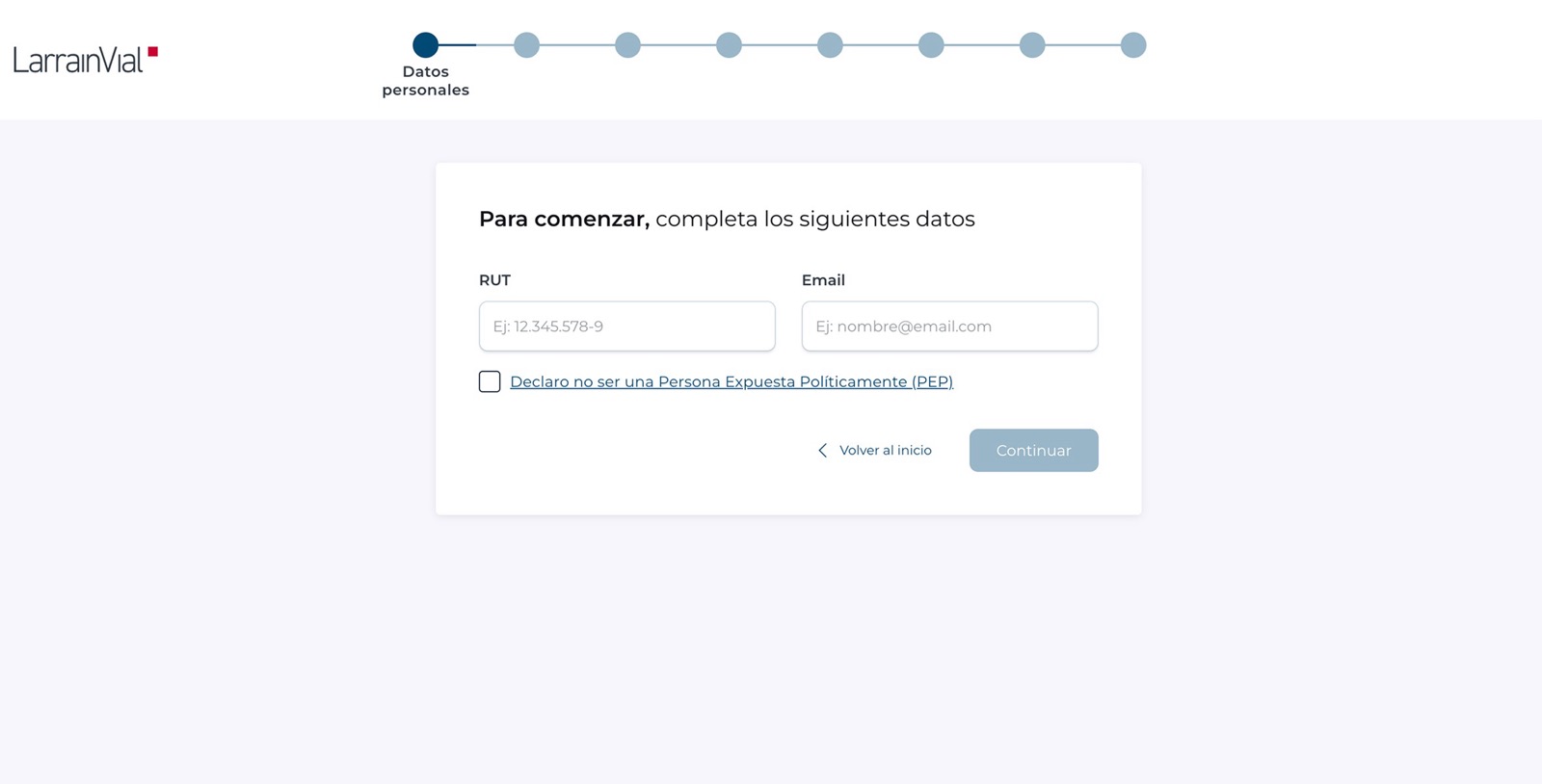 Primer paso del Onboarding Digital: ingreso de RUT y correo electrónico