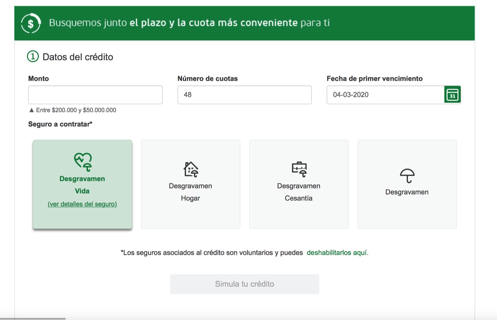 Versión web anterior con el simulador de crédito antiguo y formulario extenso